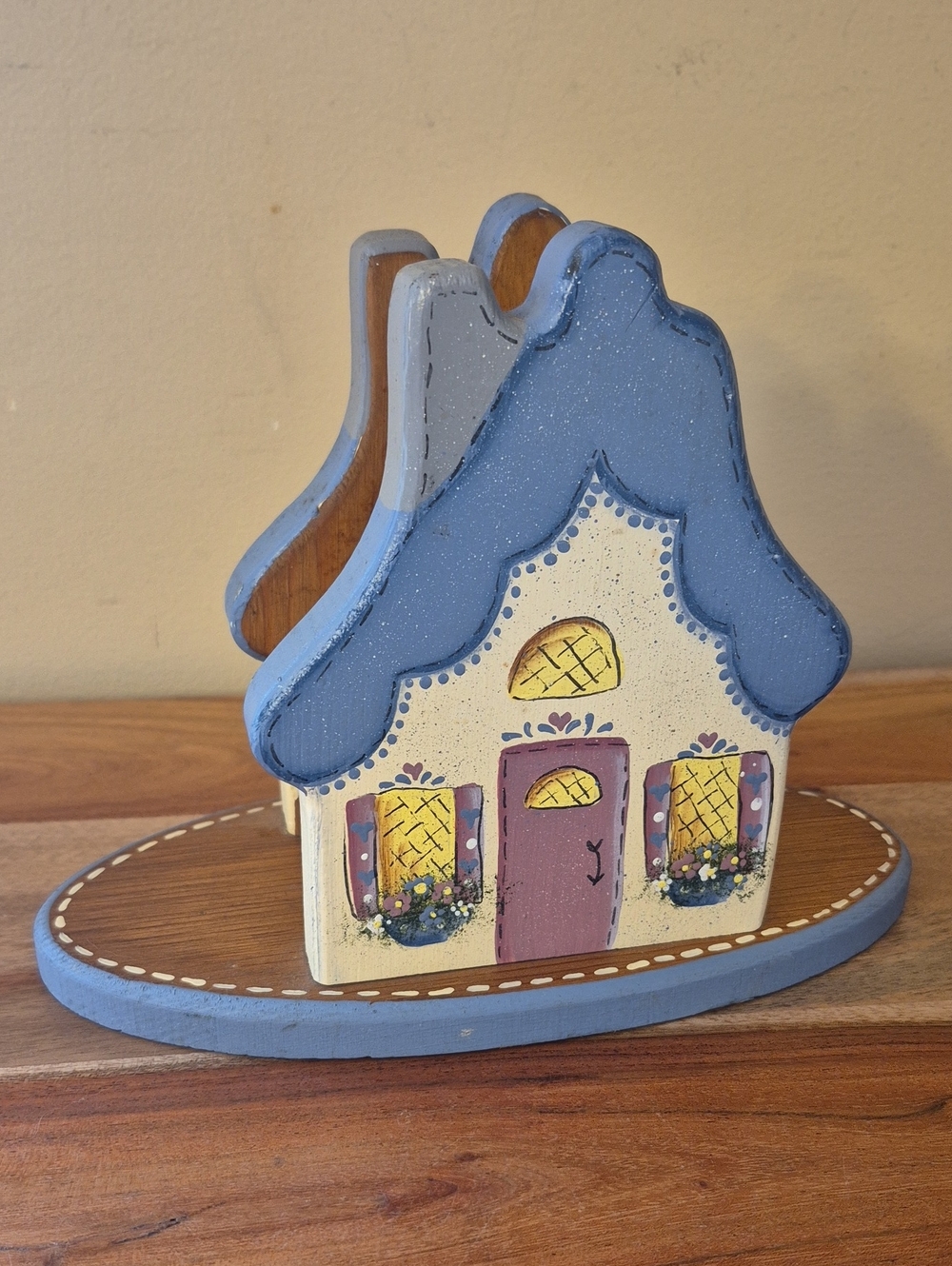 Vintage Hand-Painted Wooden Country Cottage Napkin Holder